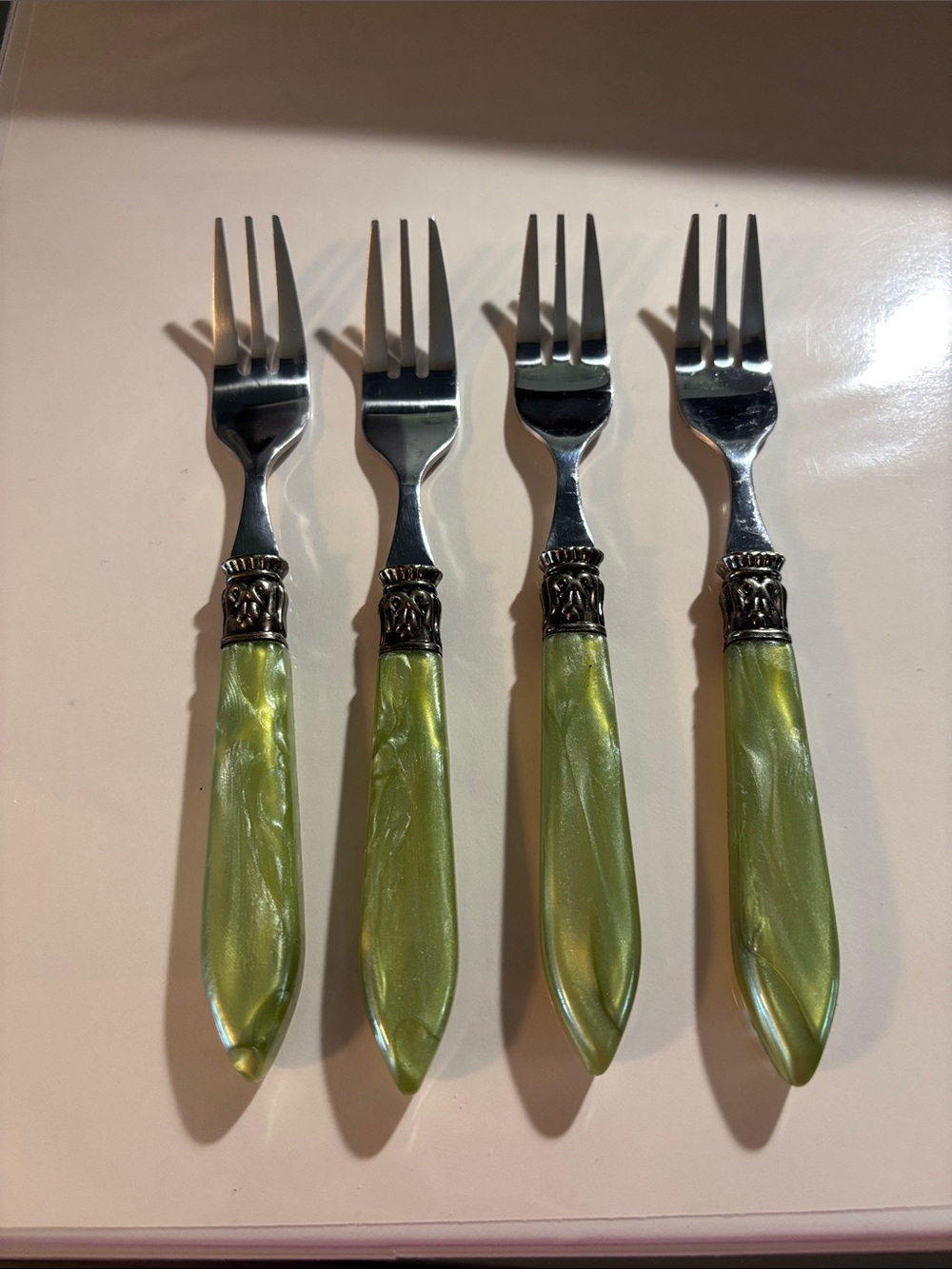 Set of 4 Green Pearlized Bakelite Forks with Decorative Silver-Tone Accent